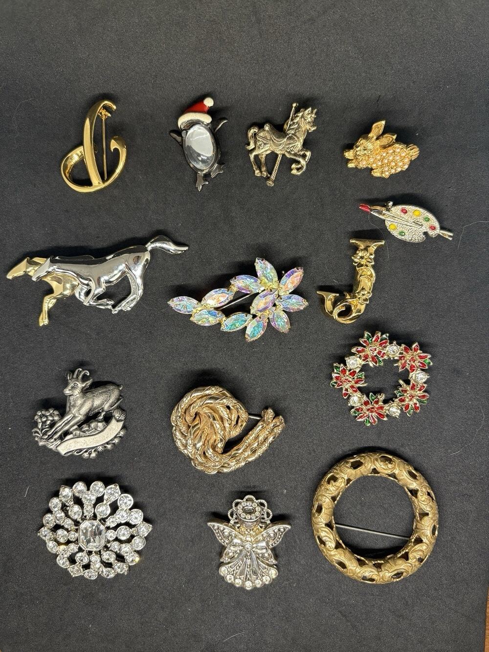 Vintage Signed & Unsigned Costume Gold Tone Rhinestone Retro Floral Brooch Lot